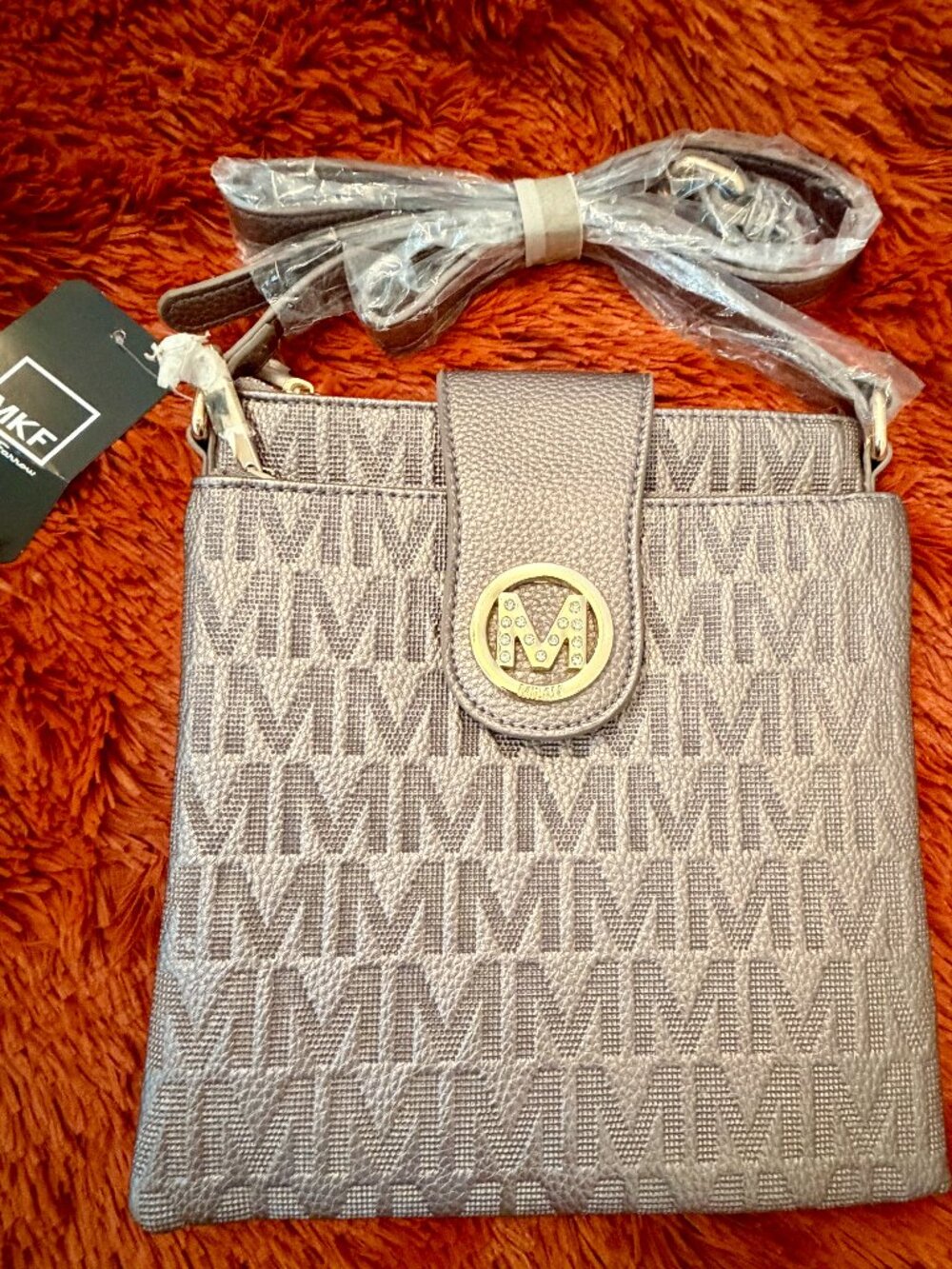 MKF Taupe Metallic Double Pouch, Double Zipper Crossbody W/ Buckle- NEW!